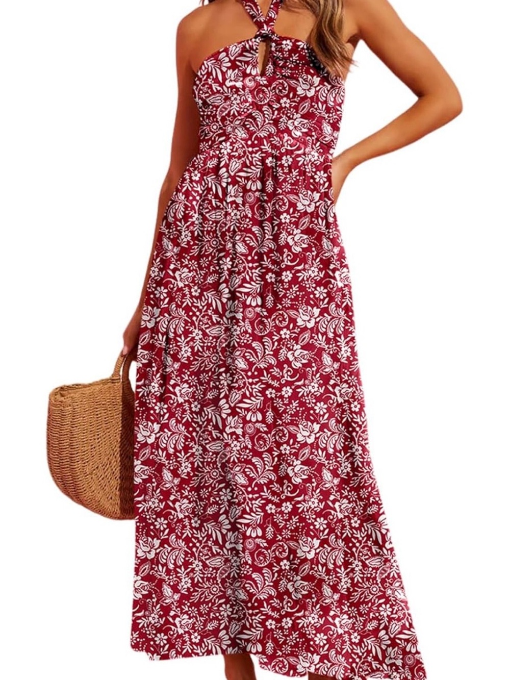 Women’s Red Floral Maxi Dress with Halter Neck